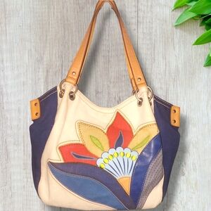 Relic Floral Embroidered Applique Canvas Faux Leather Boho Shoulder Bag